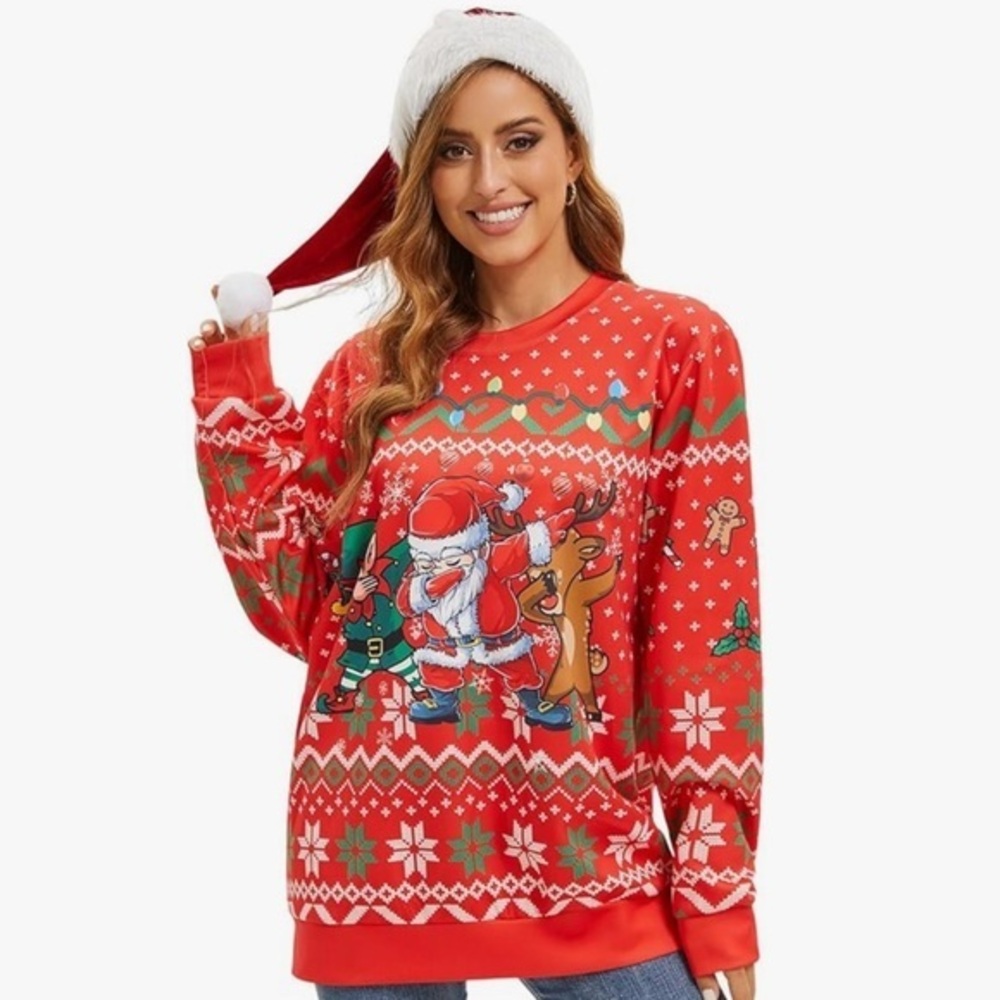 Christmas Sweater with Santa and Reindeer 2 piece comes with hat.